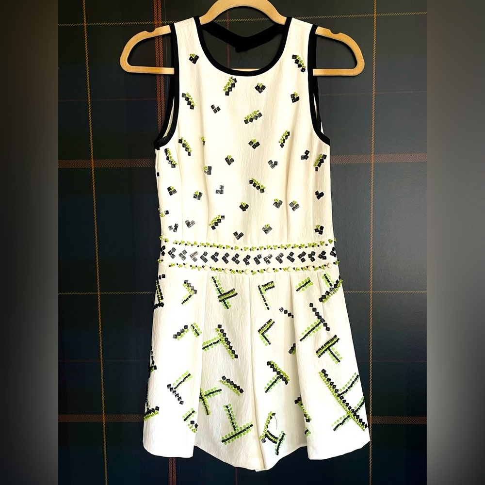 Nanette Lepore white romper w/green/black beading, partially open back, sz2